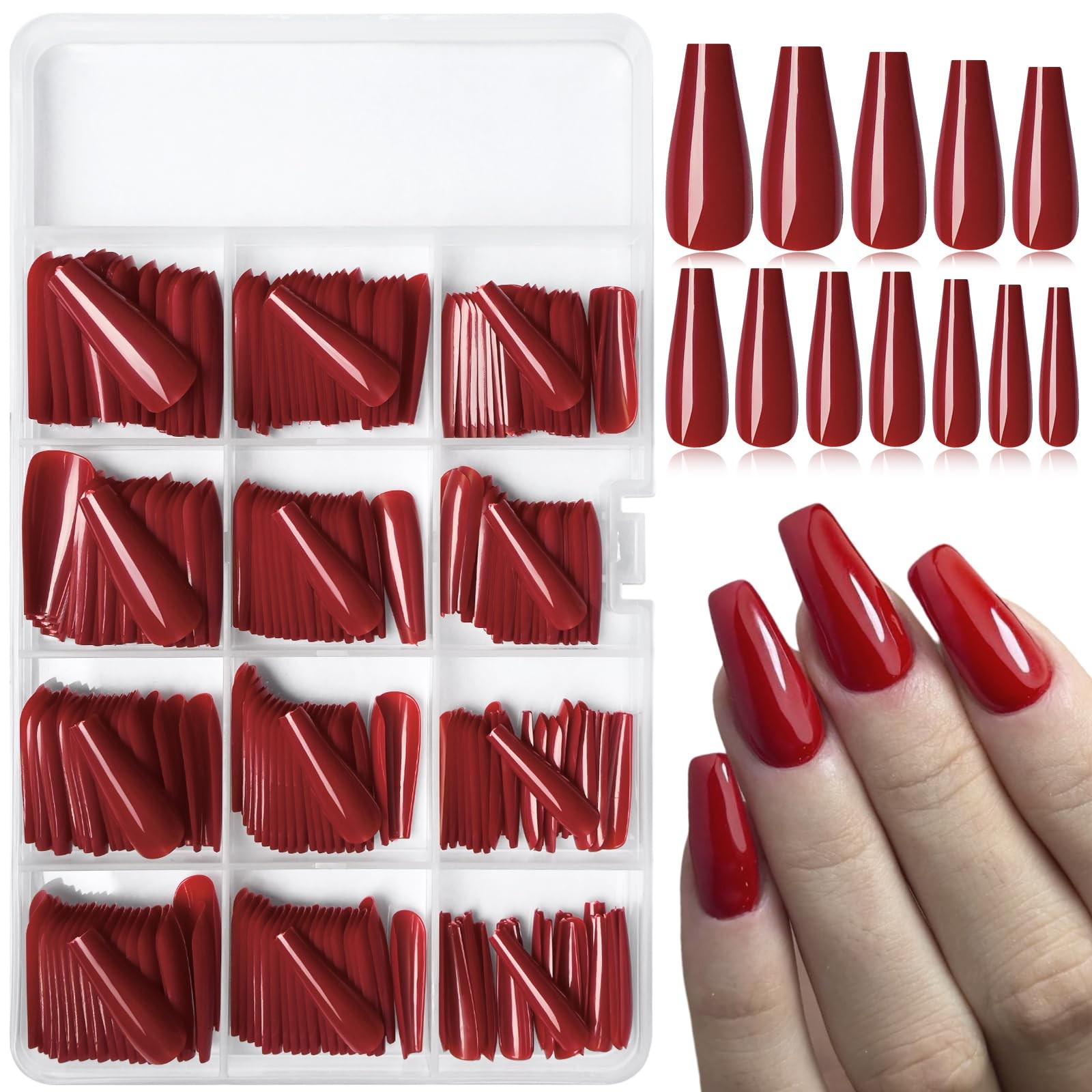 Bellelfin 240Pcs Long Press on Nails Coffin ons, Red Long,