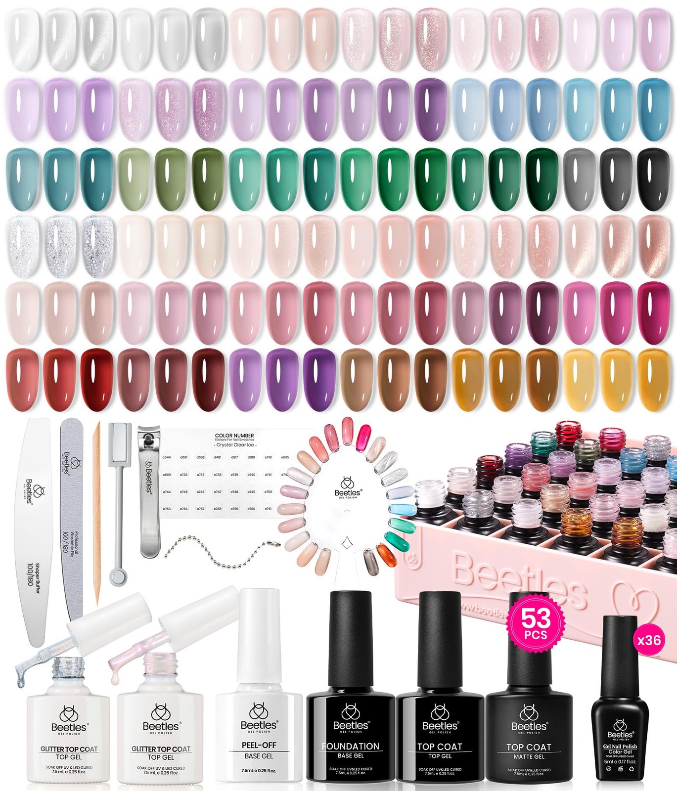 Beetles 53PCS Jelly Gel Nail Set – 36 Colors Crystal Ice Collection Kit Top Coat