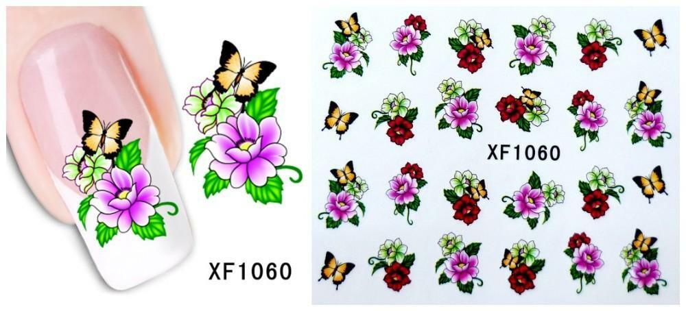 Nail Art Water Transfer Sticker Decal Stickers Pretty Flowers Green Pink XF1060