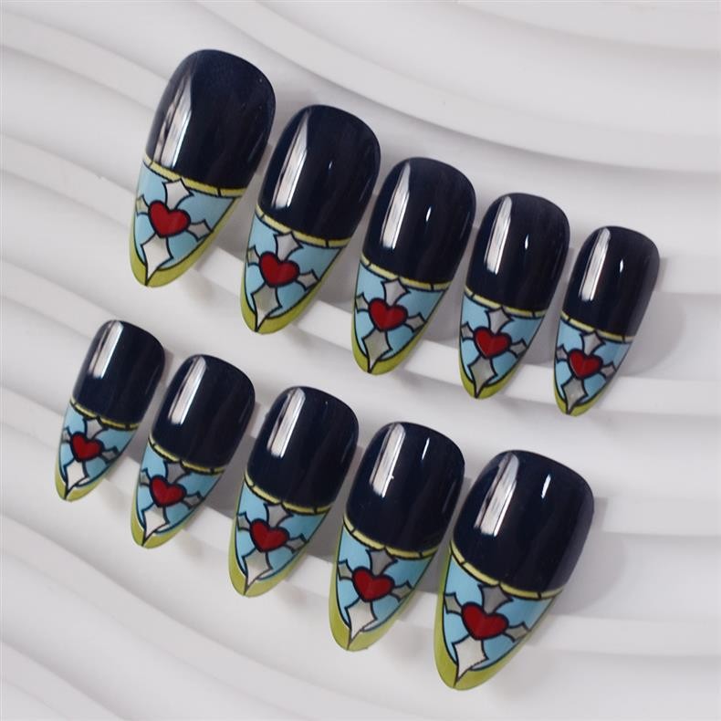 Almond Black Nails Stained Glass Heart Pattern Press On Nails Wholesale