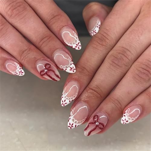 Press On Nails, French Tip Short Pointed Almond Fake Nails with UV Finish, #011