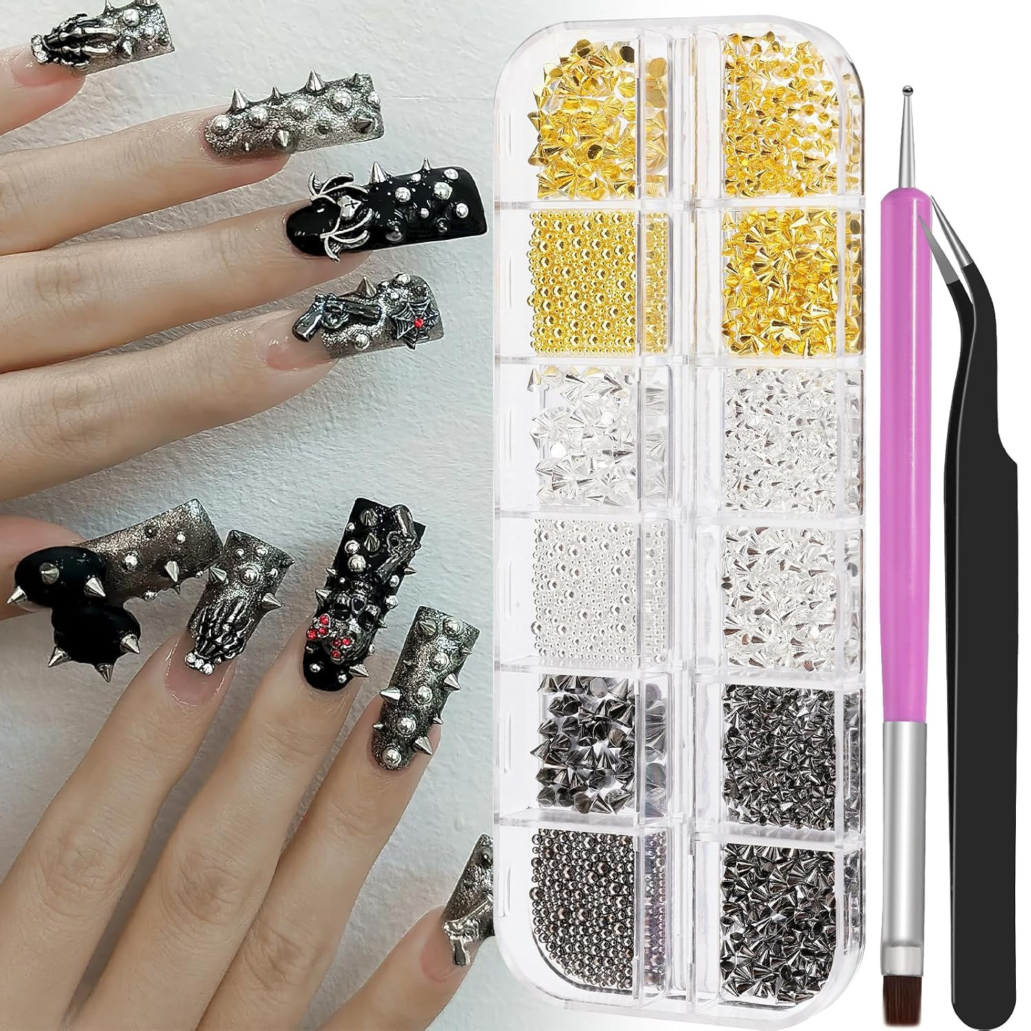 3D Mini Metal Punk Nail Art Studs, Mixed Sizes Gold Silver Black Alloy Cone Spik