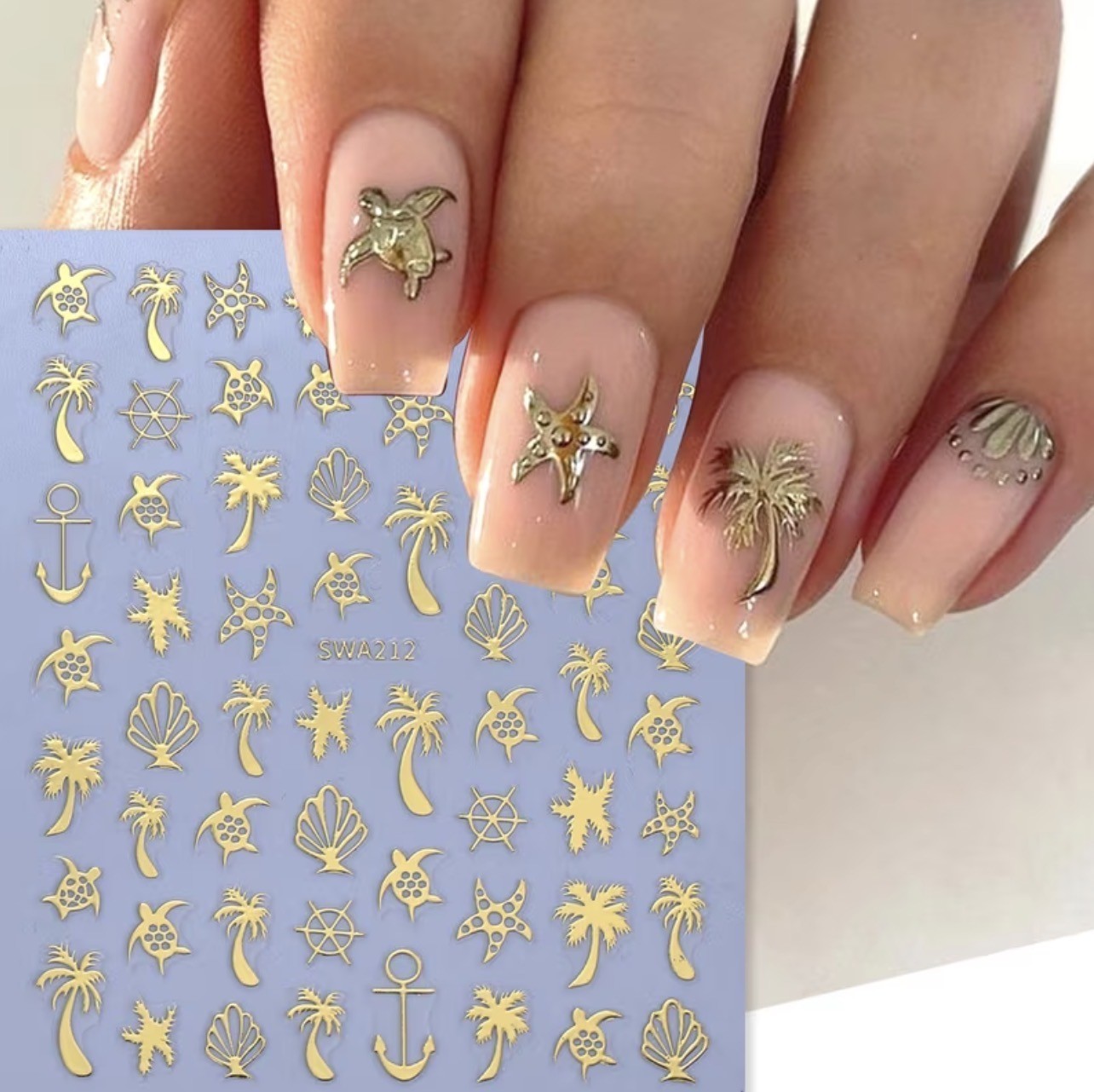 Summer Beach Nail Art Stickers Gold Silver Palm Tree Shell Turtle Anchor SWA212