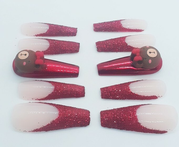 Red French Nails Red Glitter Nails 3D Kawaii Teddy Bear Chrome Nails- Clearance