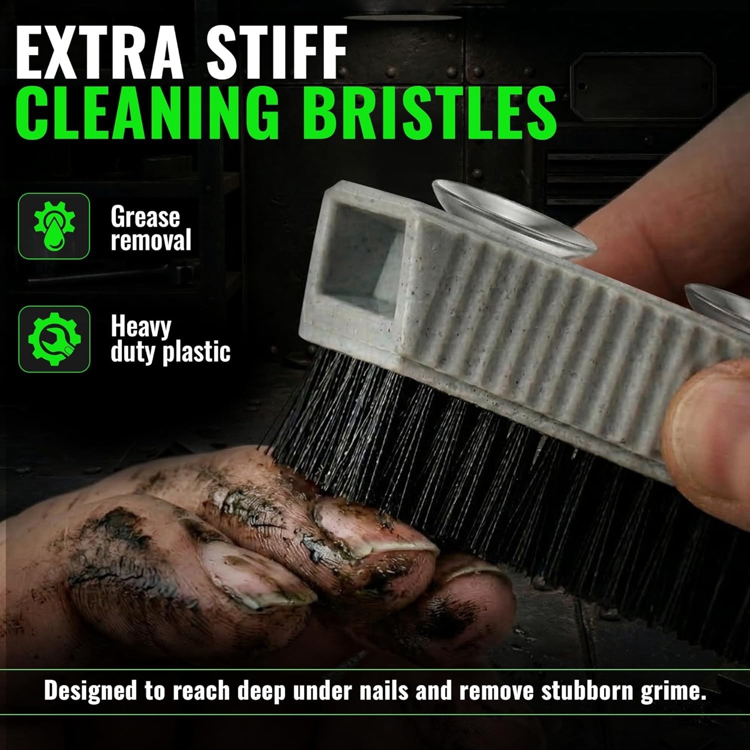 Stiff Bristle Fingernail Cleaner with Slip-Resistant Handle and Suction Cup