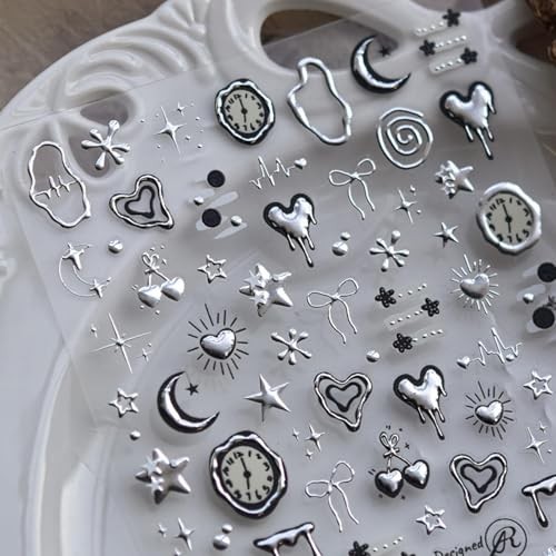 Silver Nail Art Stickers Heart Star Nail Decals with Metal Design 5D Color02
