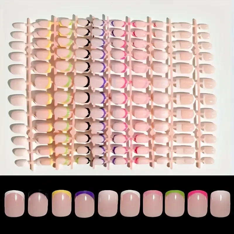 24/120 Short Square Press On Nails, 5 Gradient Colors, Glossy Finish, Full Cover