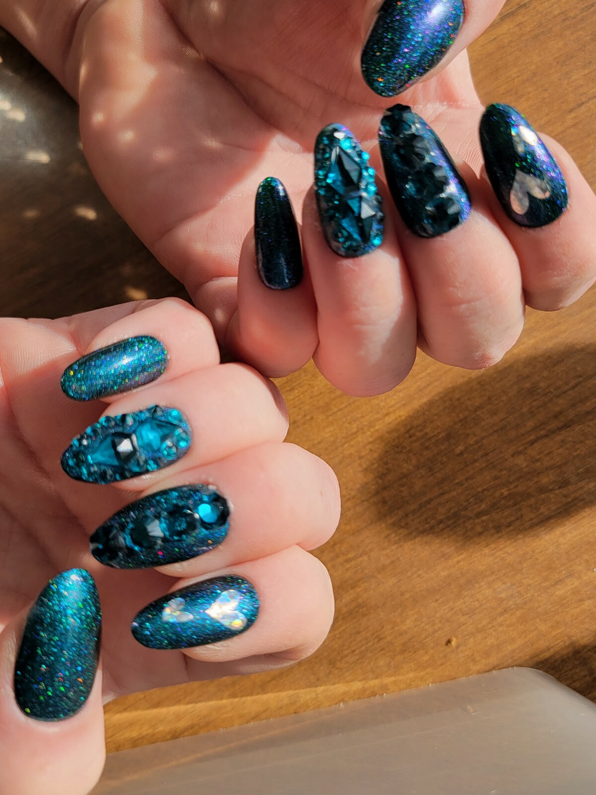Dark green teal nails bling medium natural oval press on nails apres tips hearts