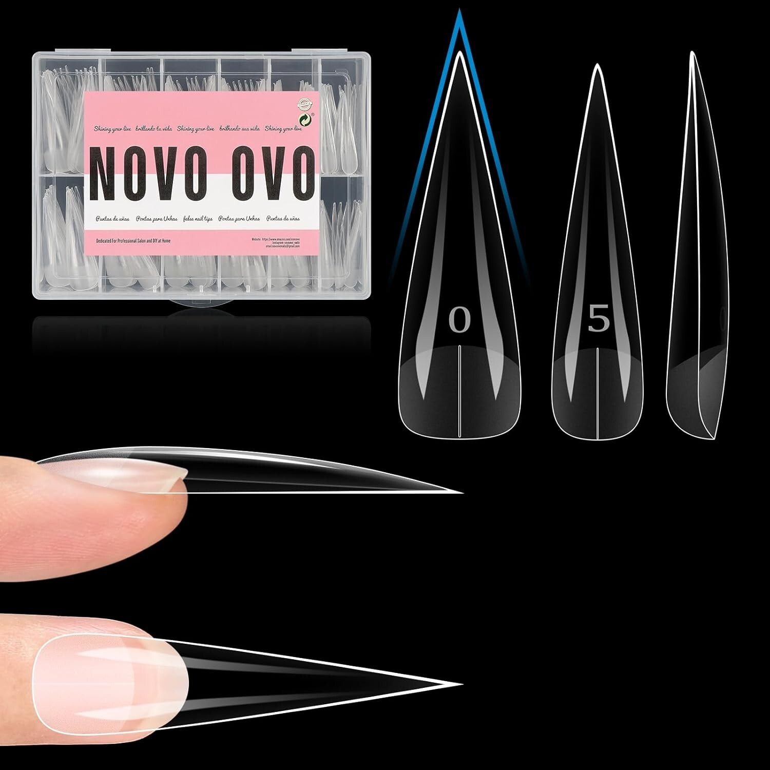 NOVO OVOXXL Straight Sharp Stiletto Natural CLEAR 15sizes 360pcs