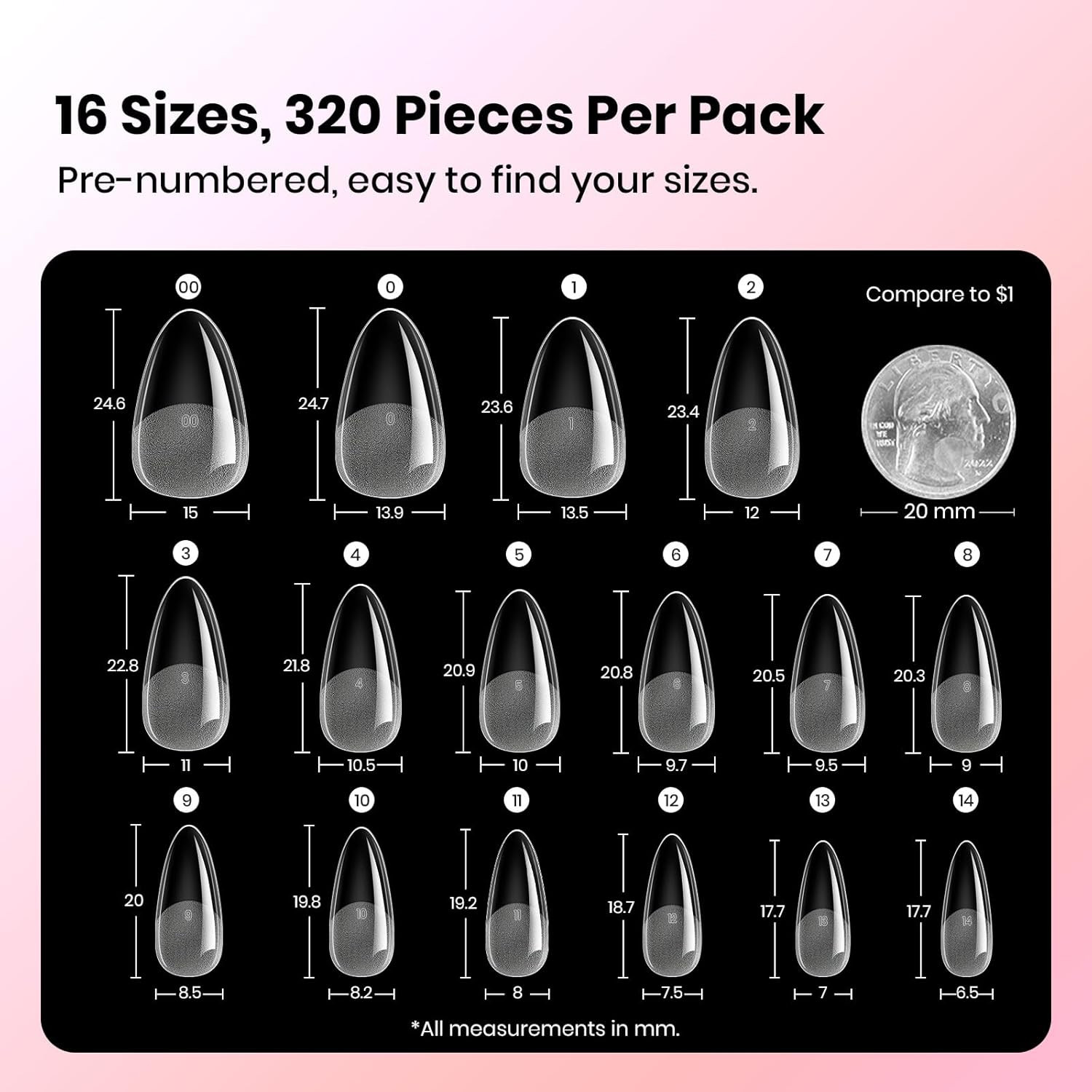 Beetles Gel Nail Tips Curve-Ex – Almond Medium, 320Pcs 16 Sizes, Etch-X Half Mat