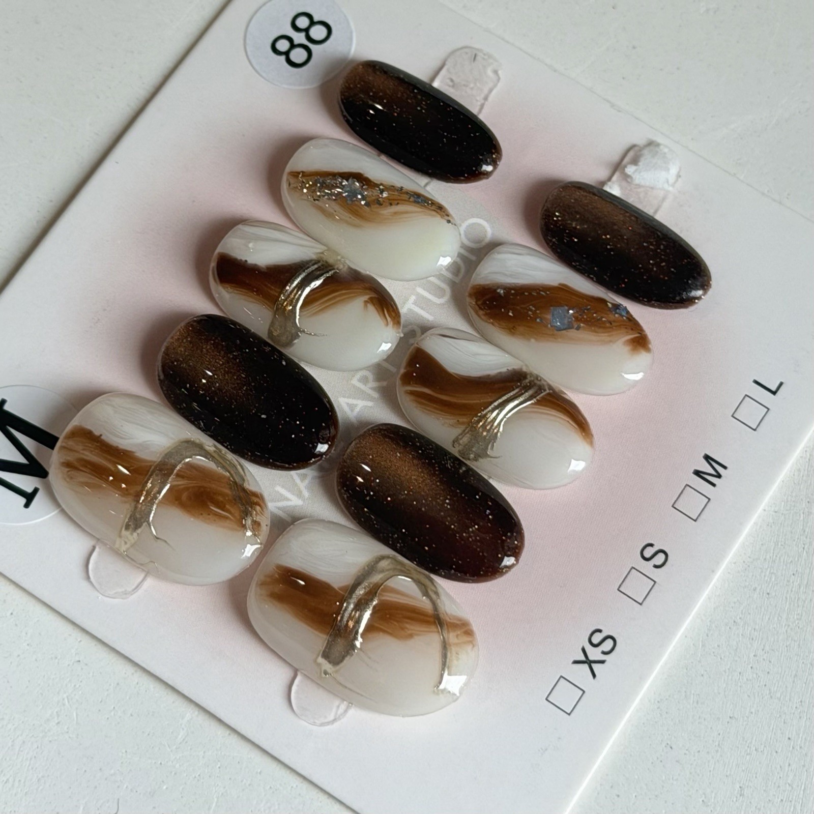 Handmade White Brown Ombre Press-On Nails Short Oval Reusable Fake Nail Size M