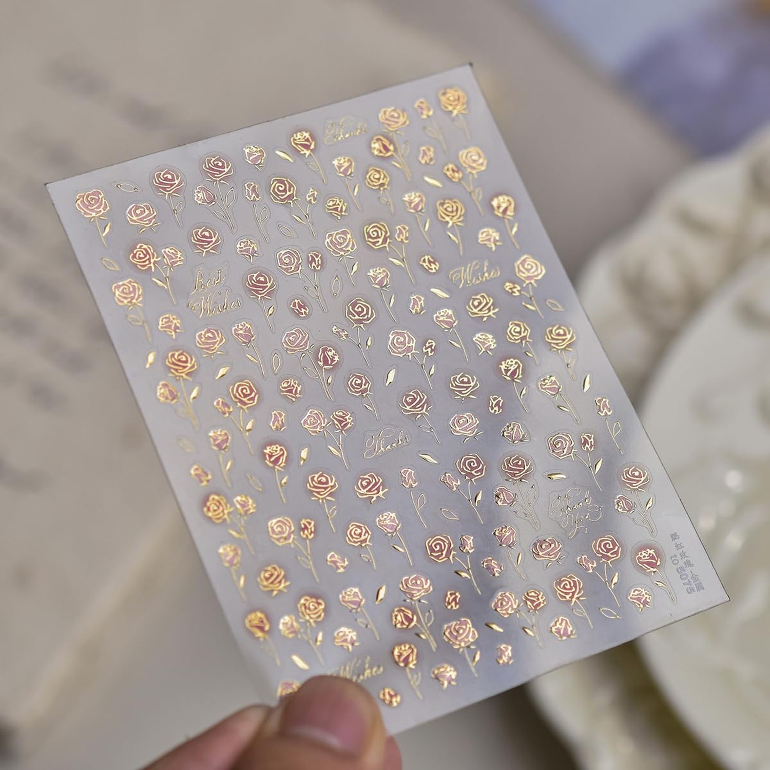 Flower Nail Stickers Rose Nail Art Decals with Gold Design 5D Embossed Self A…