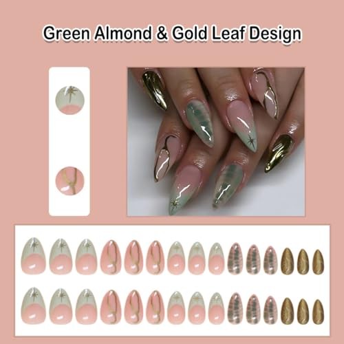 Green Almond Press on Nails Short Medium French Tip Ombre Green and Gold Leaf