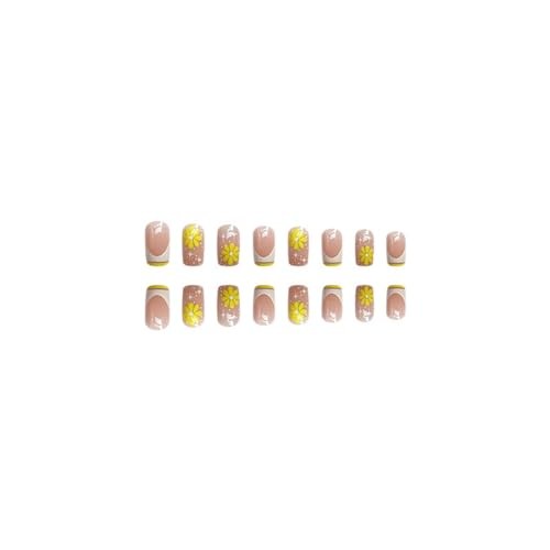 Square Press on Nails Medium – French Tip Fake Nails with Design Yellow Flower