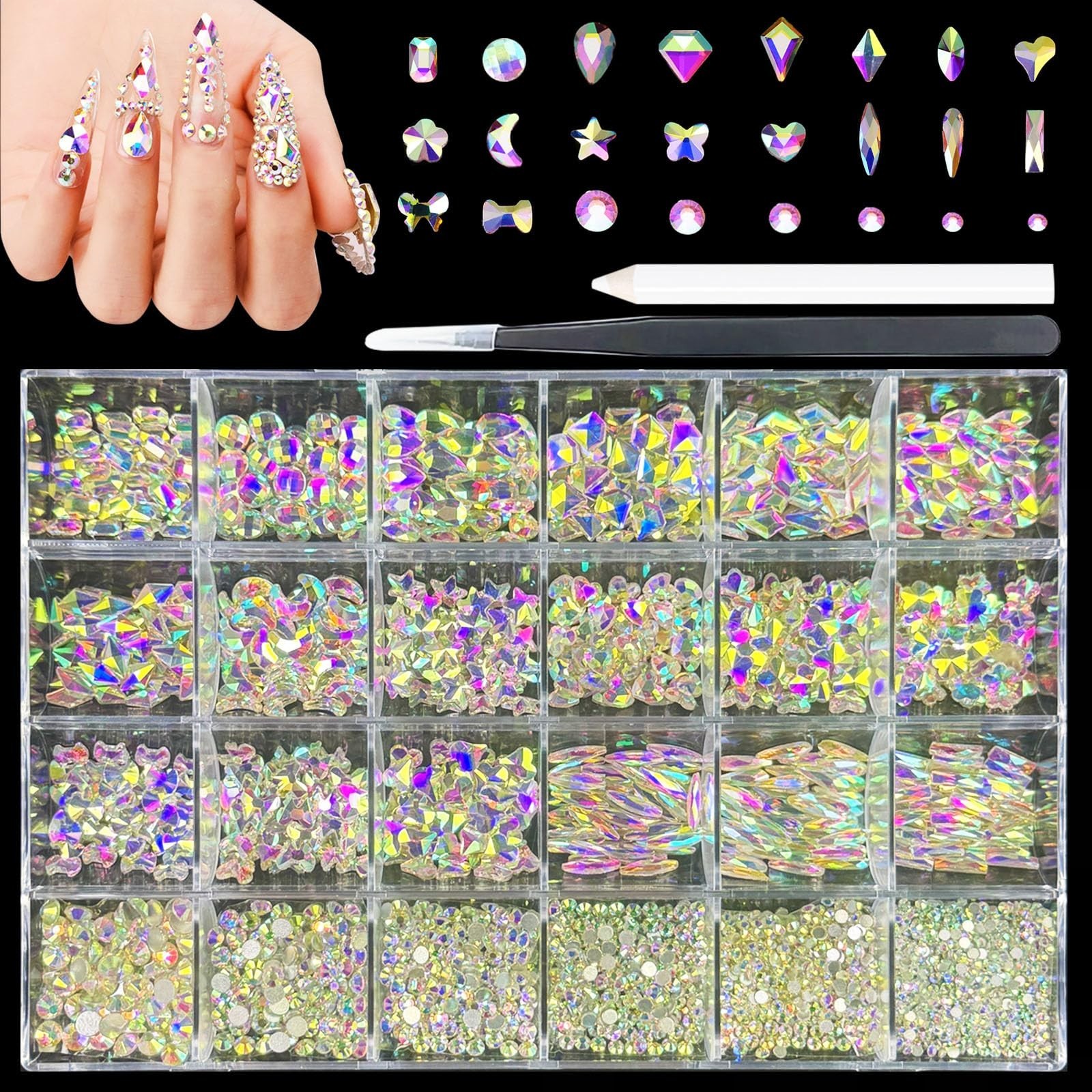 Nail Art Rhinestones Kit – 900 Special-Shaped AB Diamonds & 3200 Flat Gems for D