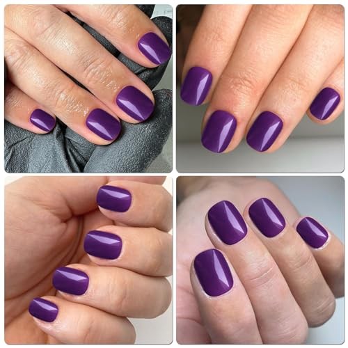 Short Press on Nails Short Square Round Fake Nails Glossy Full Deep Purple