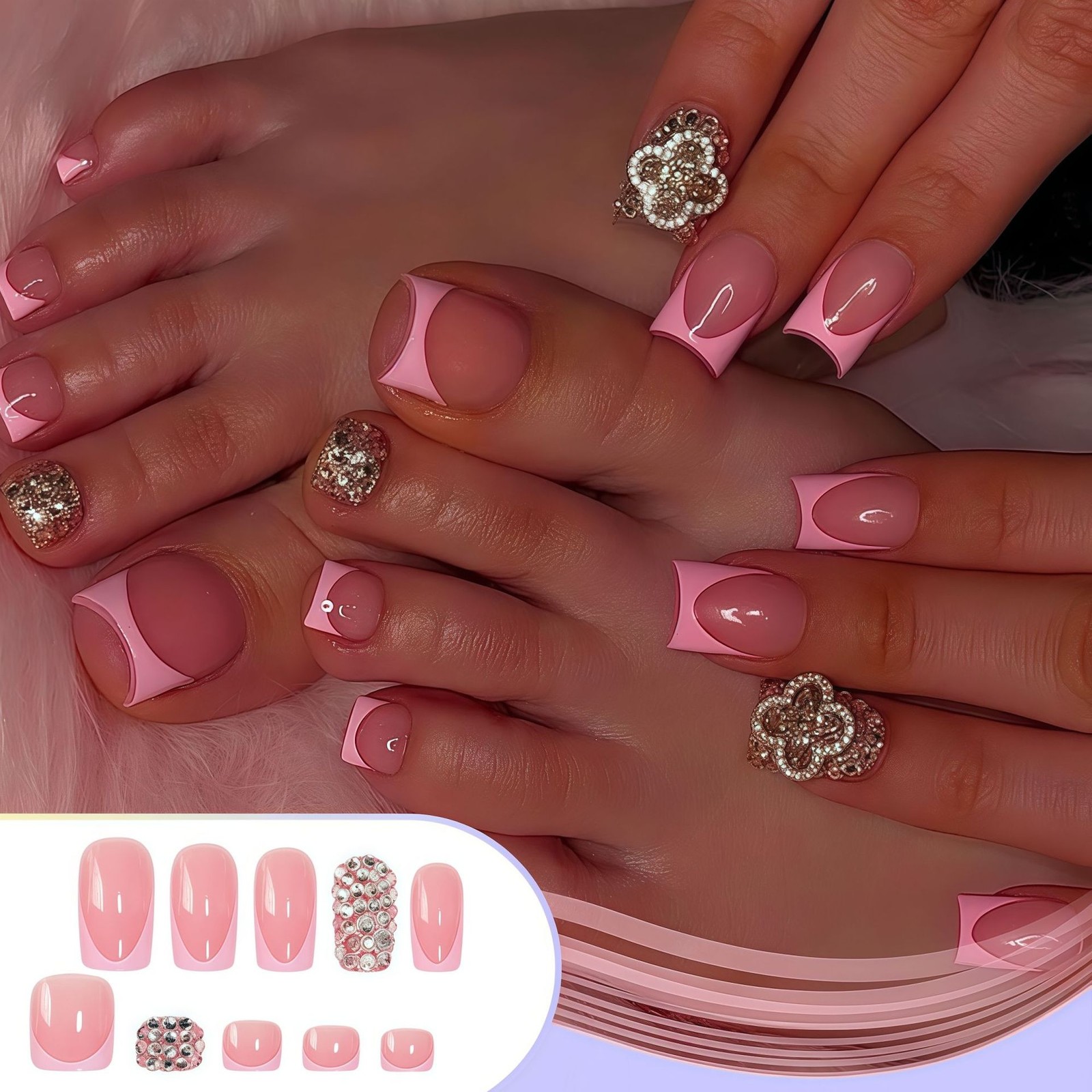 French Tip Press On Nails Glitter Rhinestone Manicure Pedicure Set Wholesale