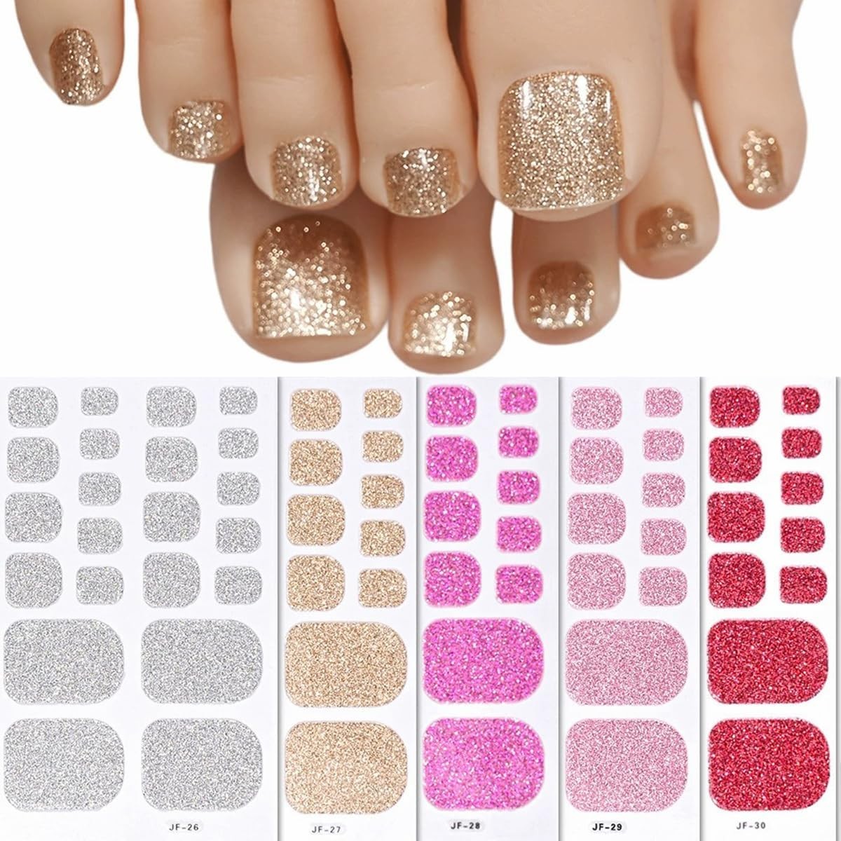 Pegatinas de uñas de gel para uñas completas, color plata, oro, rojo y rosa.
