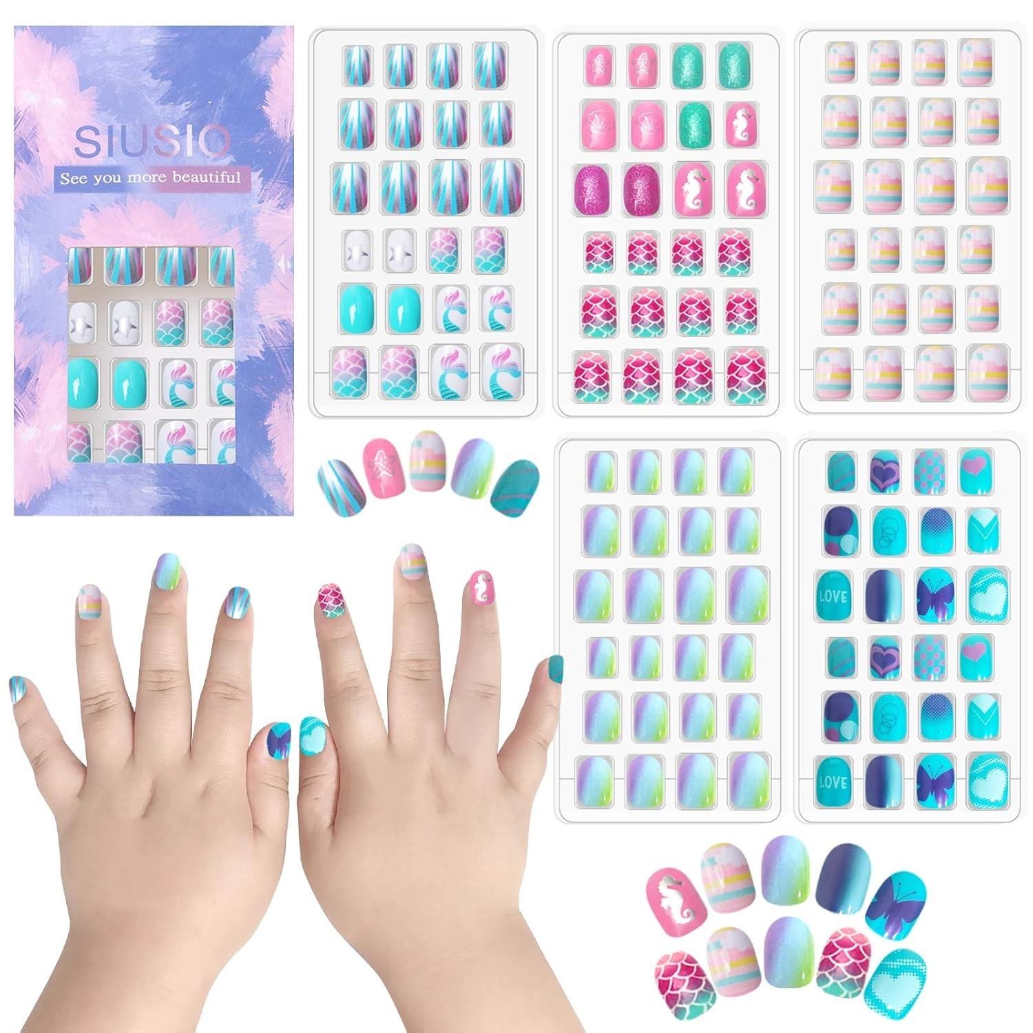 120Pcs 5 Pack Children Acrylic Fake Nails Press on Pre-glue Full Cover Glitte…