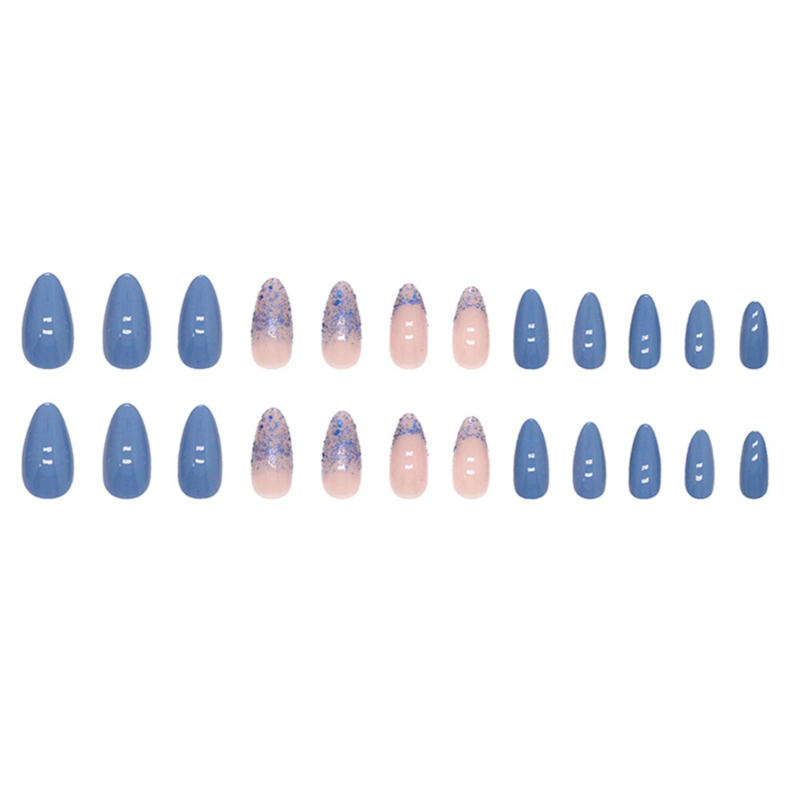 24Pcs Lake Blue Glitter Sequins French Almond Press On Nails