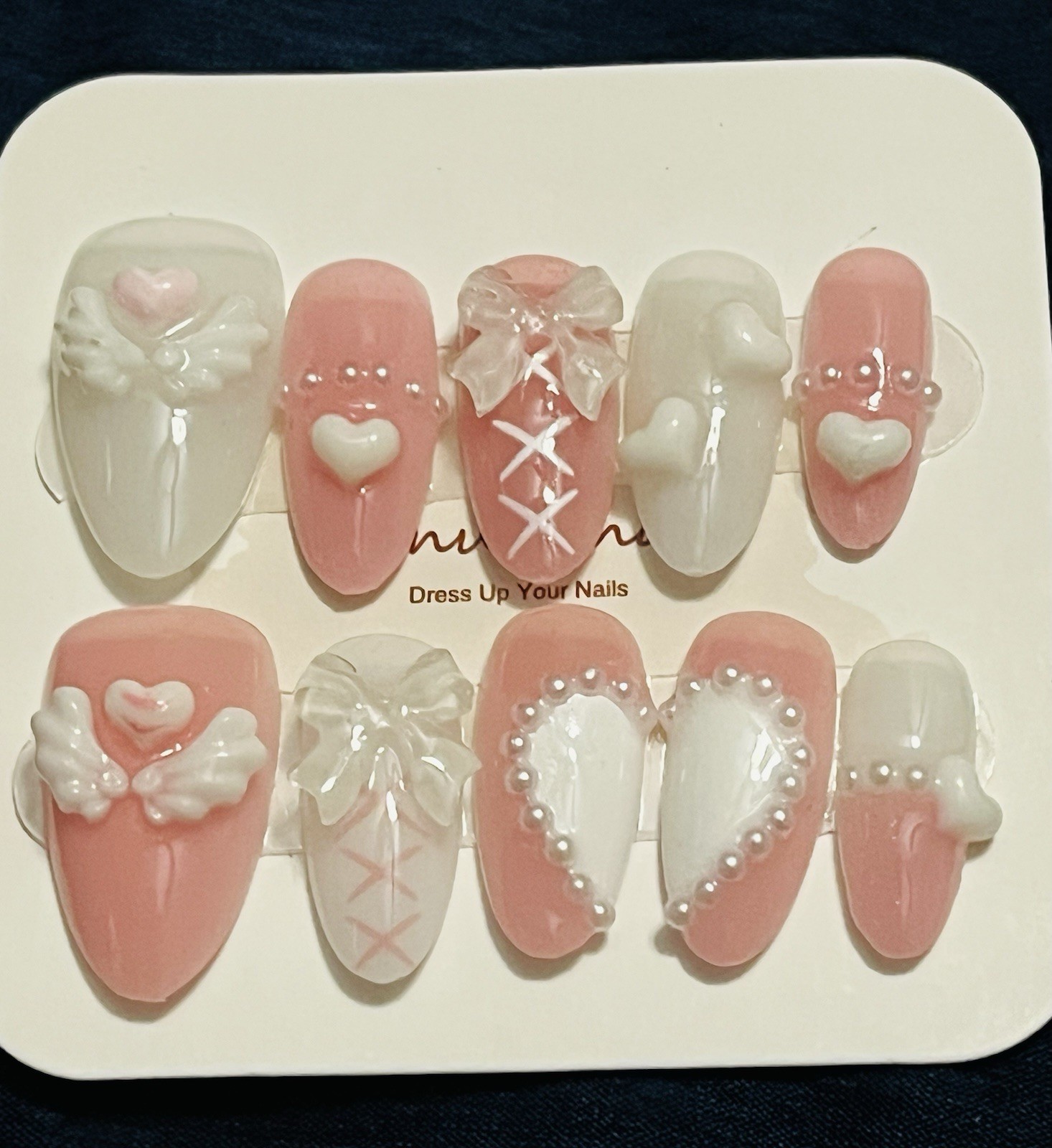 10 PCs Handmade Medium Length Almond Press On Nails Angel Wing Heart Pink White