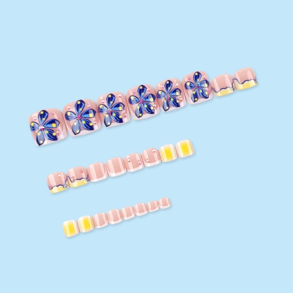 Blue 3D Floral False Toe Nails 24PCS Wearable Tips for For french Style Use