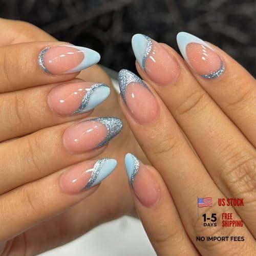 Light Blue French Tip Press on Nails – Medium Almond – QUNQINLI Fake Design AB2