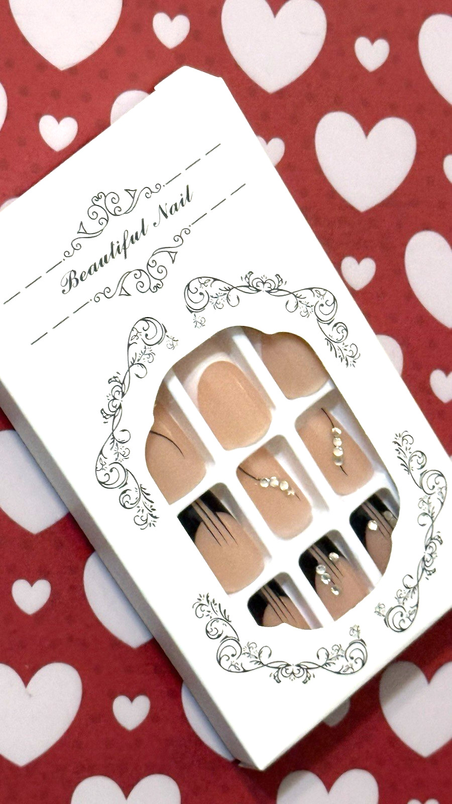 Beautiful Nail NUDE with BLACK & WHITE FRENCH with STONE DETAIL Press On Mani