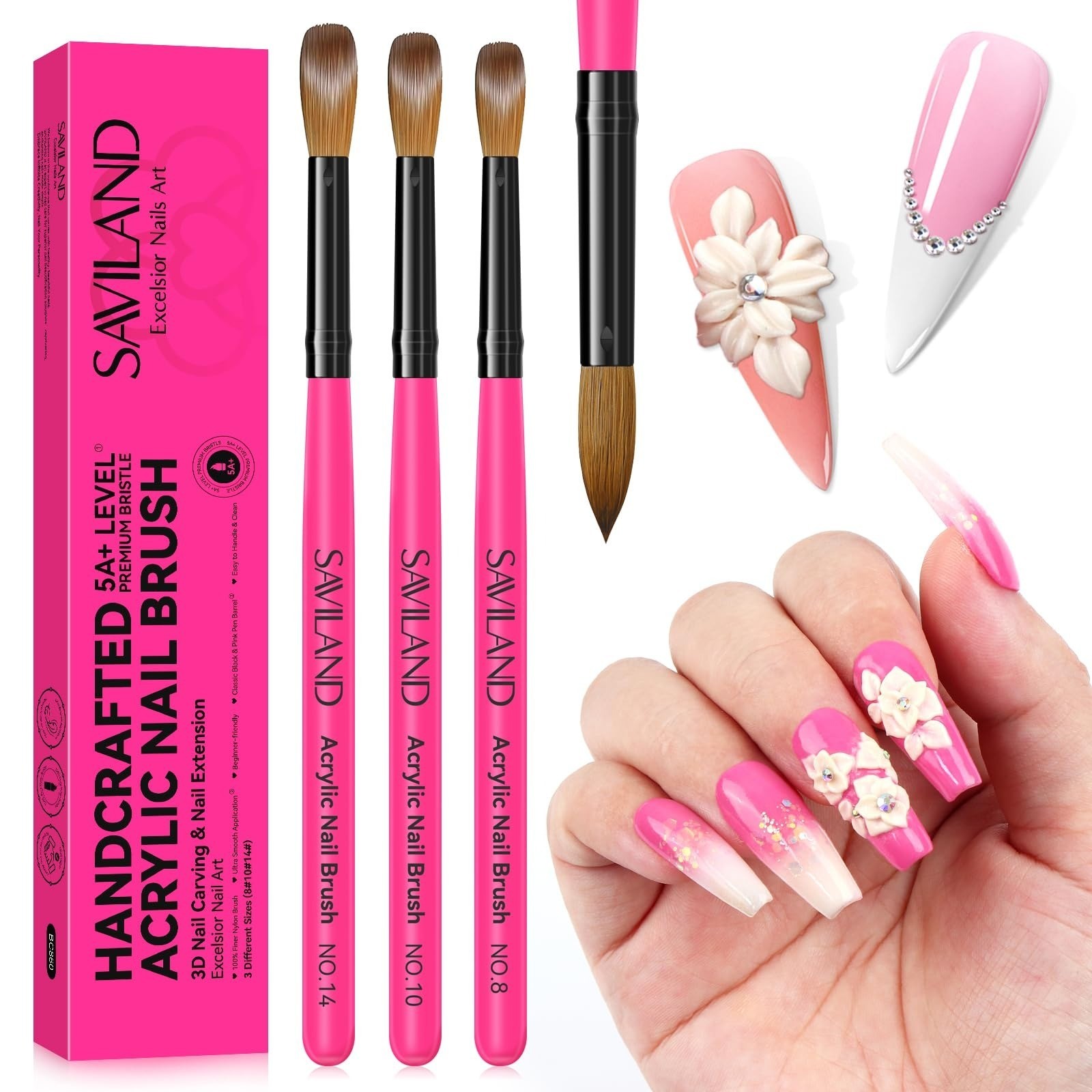 SAVILAND Acrylic Nail Brush Set – 3PCS Kolinsky Brushes for Nail Art
