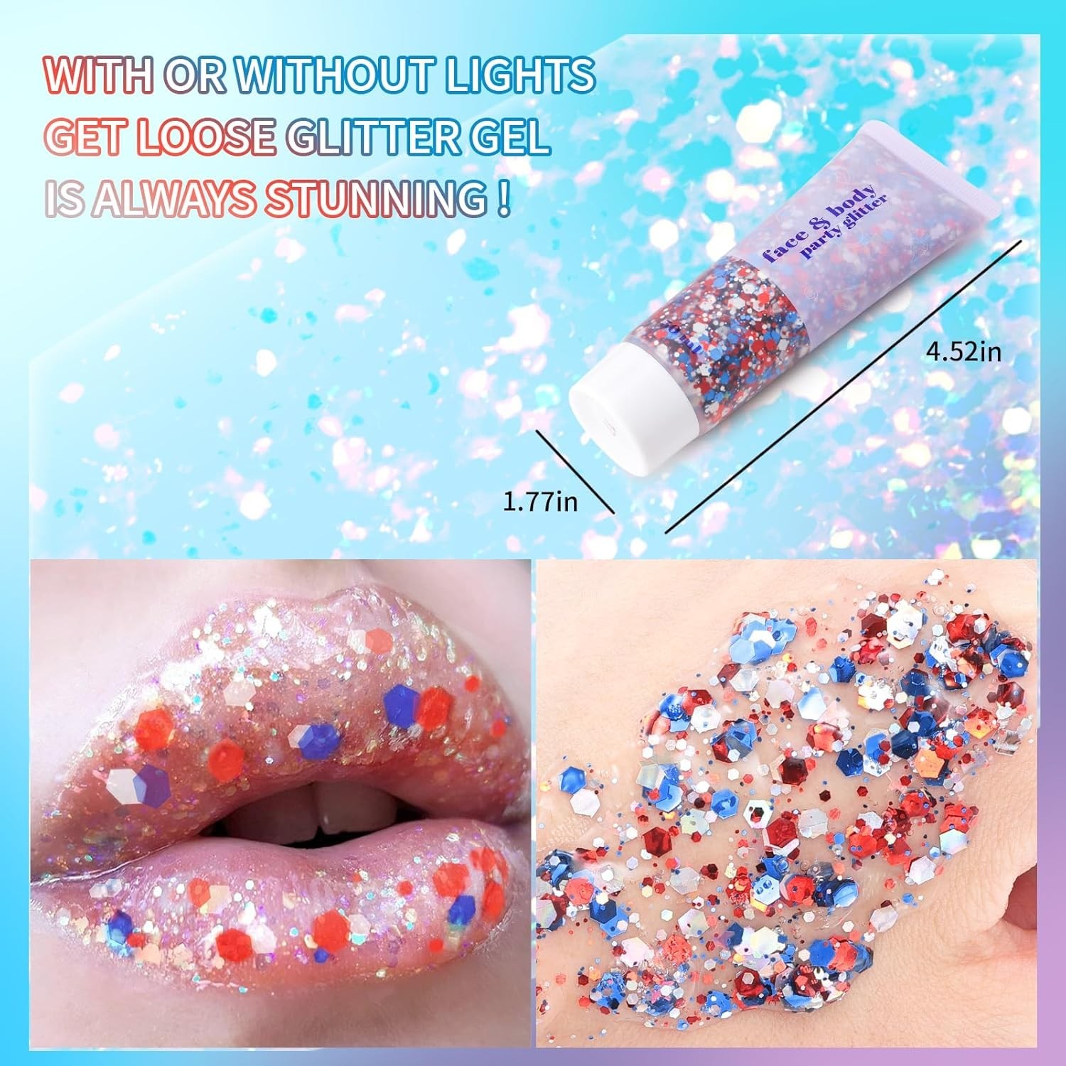 Vivid Red White Blue Body Glitter Gel – Perfect for 4th of July Celebrations