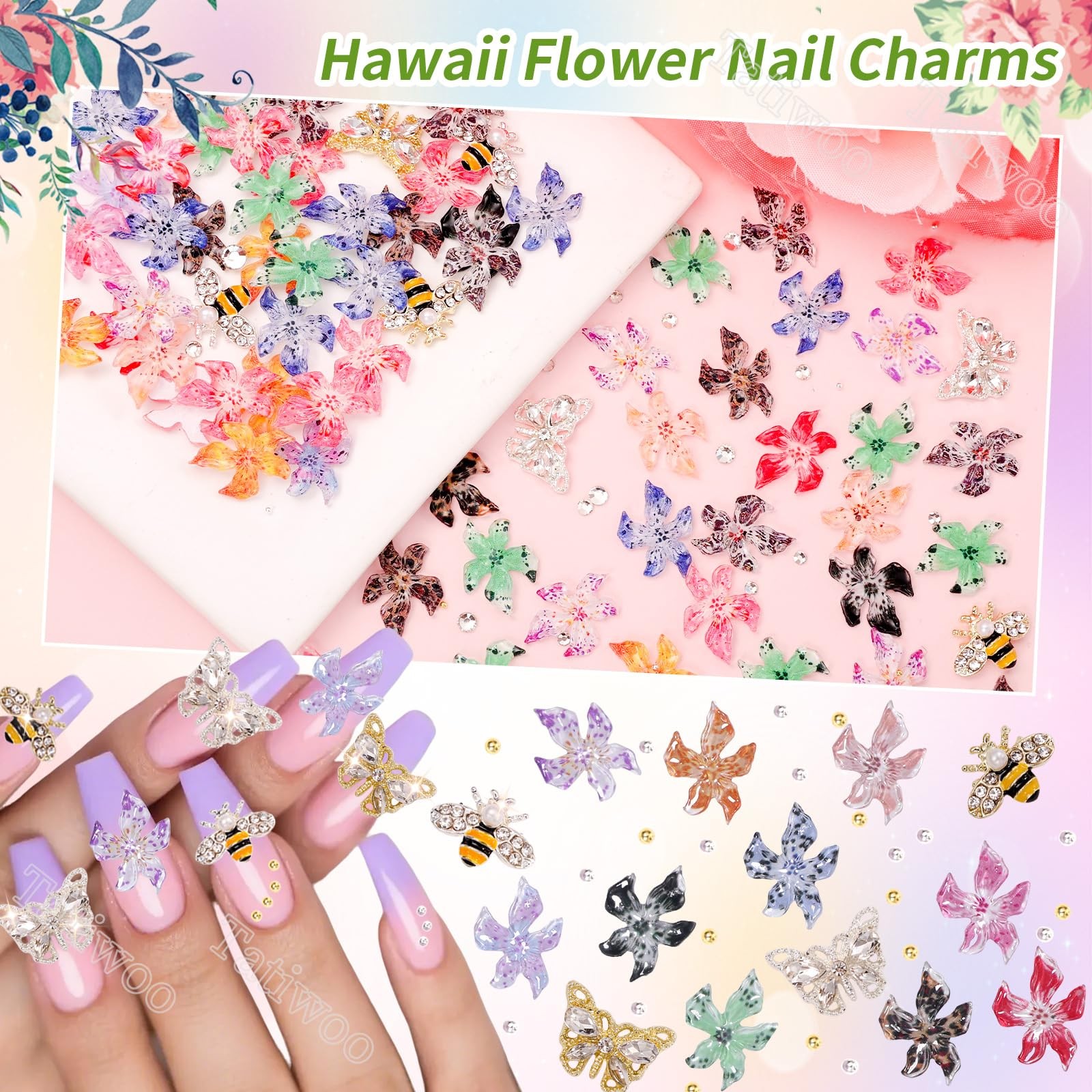 108 Pcs Flower Nail Charms, 3D Hawaii Flower for Nails Butterfly Bee Nail Gem…