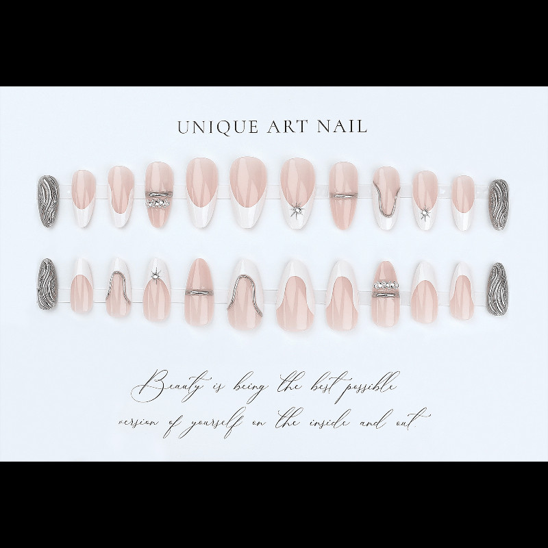 48Pcs Almond Press on Nails, Nude French Nails with Silver Curve and Rhinestones