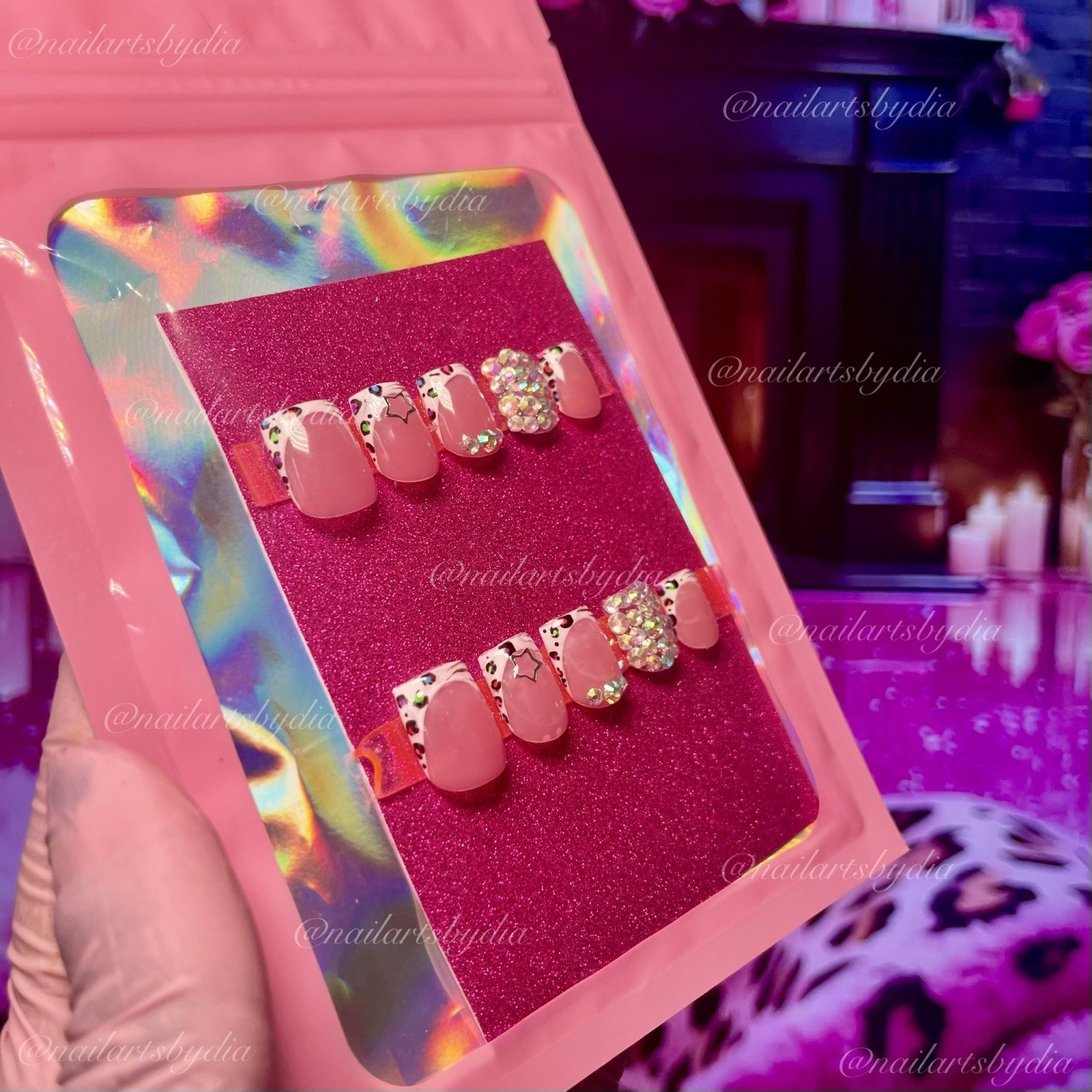 Authentic Nail Arts by Dia Short Square Press-On Nails Pink 3D Leopard