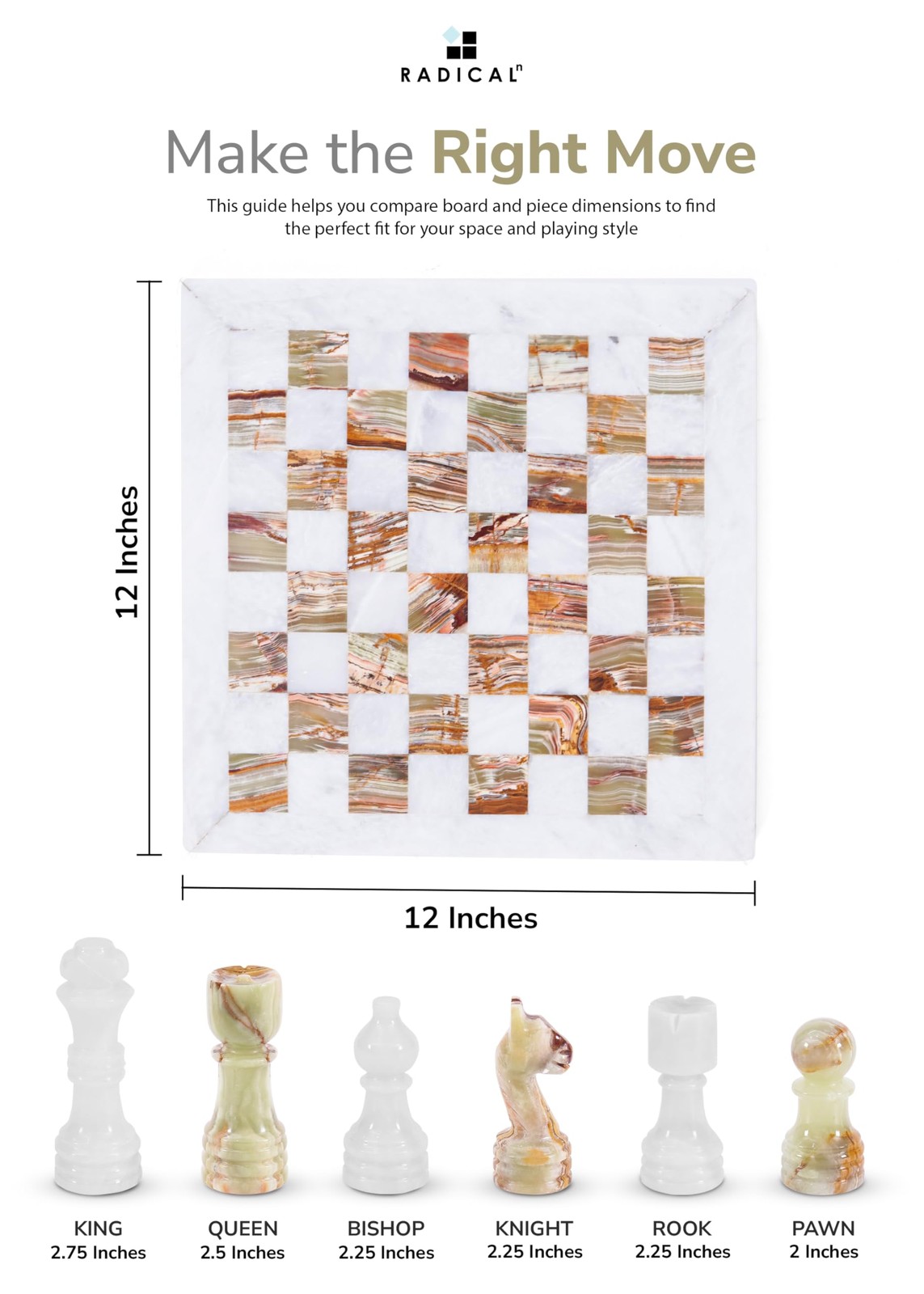 Radicaln Marble Chess Set 12” Inches White 12 inches, and Green Onyx