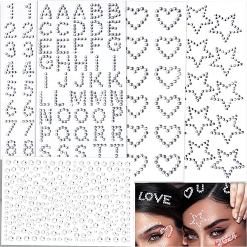 Hair Face Gems Jewels Self Adhesive Heart Numbers Letters Clear Gems(5 Sheets)