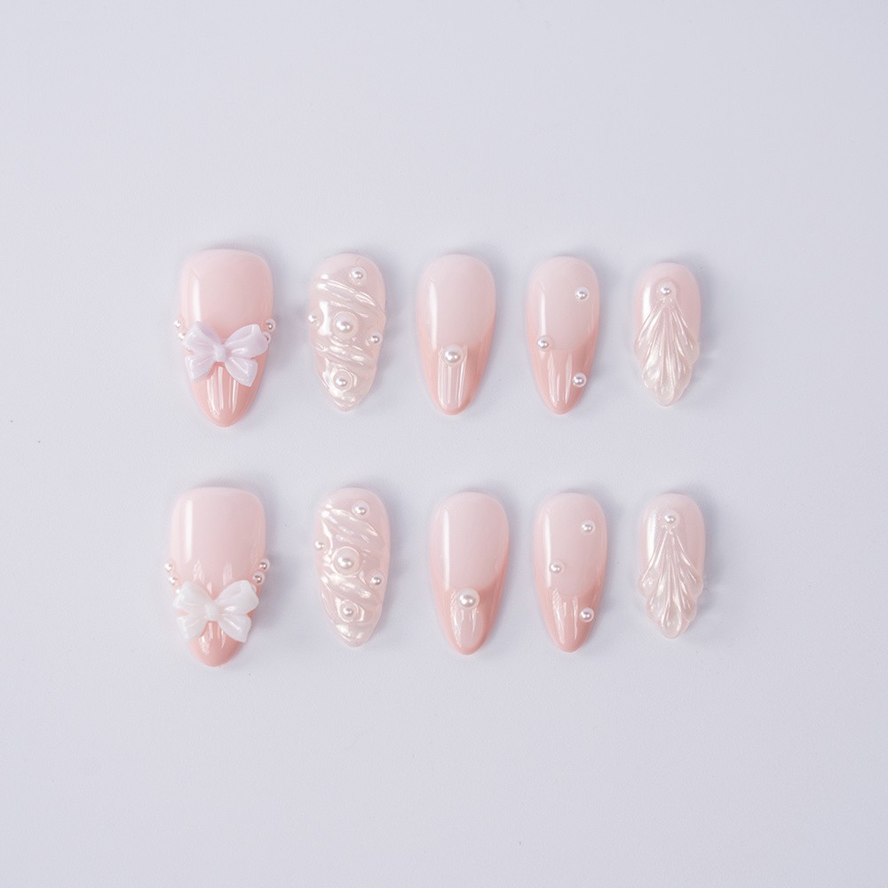 Handmade High Quality Almond Press On Nails Light Pink Pearl Bow Fake Nails S-L