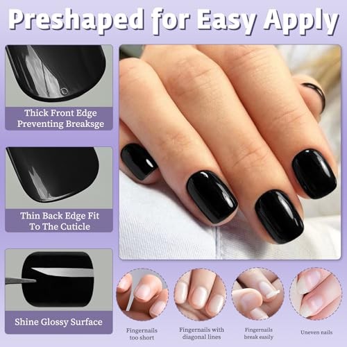 Press on Nails Short Square,120Pcs Glossy Fake Nails Full Cover Acrylic Black