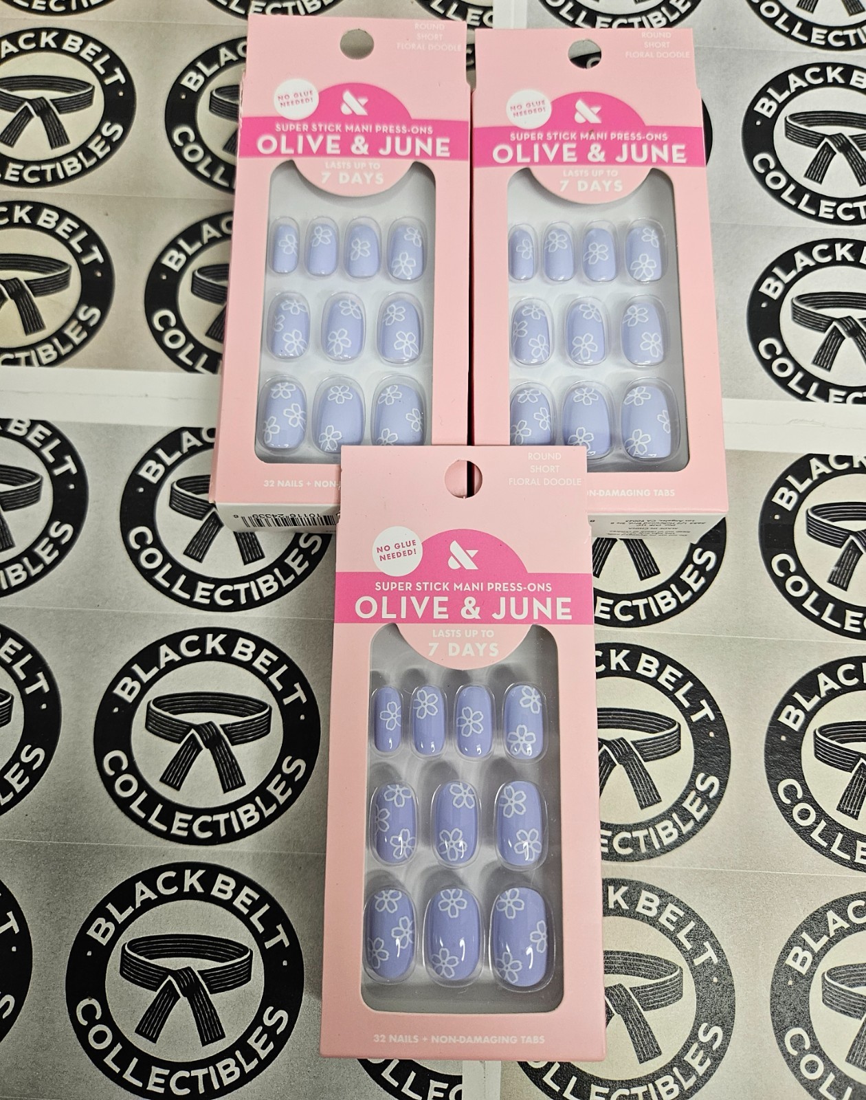 3 x Olive & June Super Stick Mani Press On Nails, Floral Doodle, Short, Round