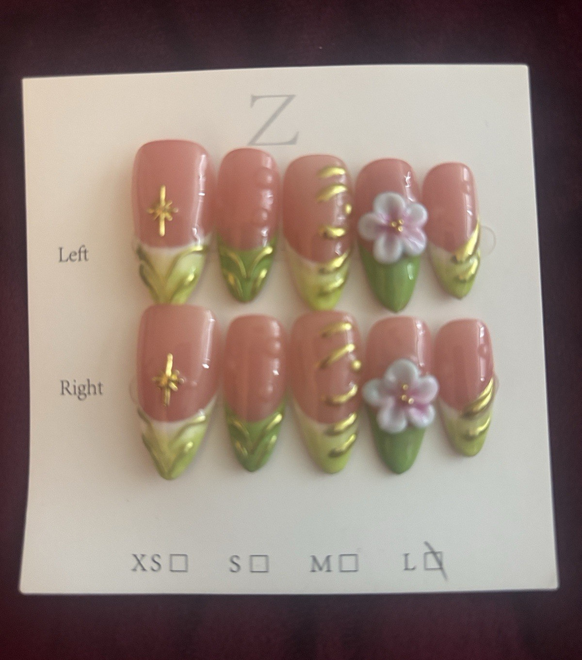 Press-On Nails Set Pink/Green/Gold 3D Flowers Pre-Designed Long Coffin