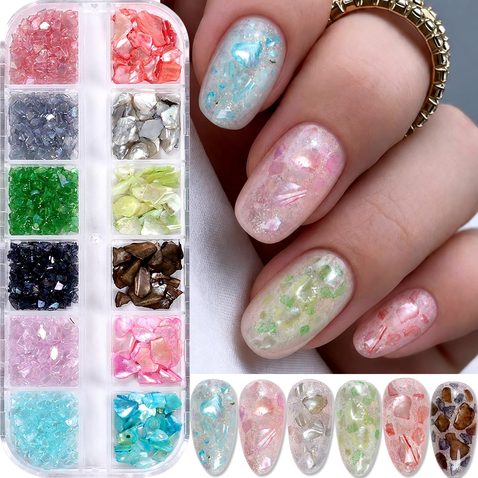Shell Nail Glitter Flakes Set Summer Beach Ocean Holographic Iridescent Shell…