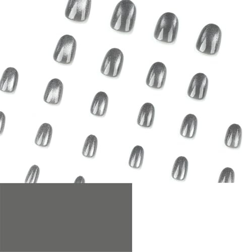 Press on Nails Short Oval Acrylic Nails Press ons Fake Nails with Cat Eyes Grey