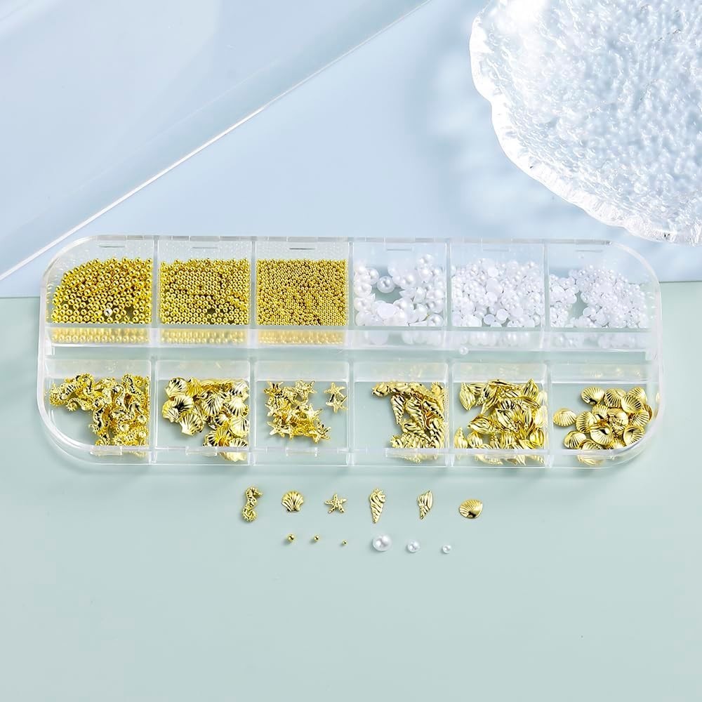 Summer Beach-Themed Nail Charms: 200 Gold Studs with Pearls & Caviar Beads