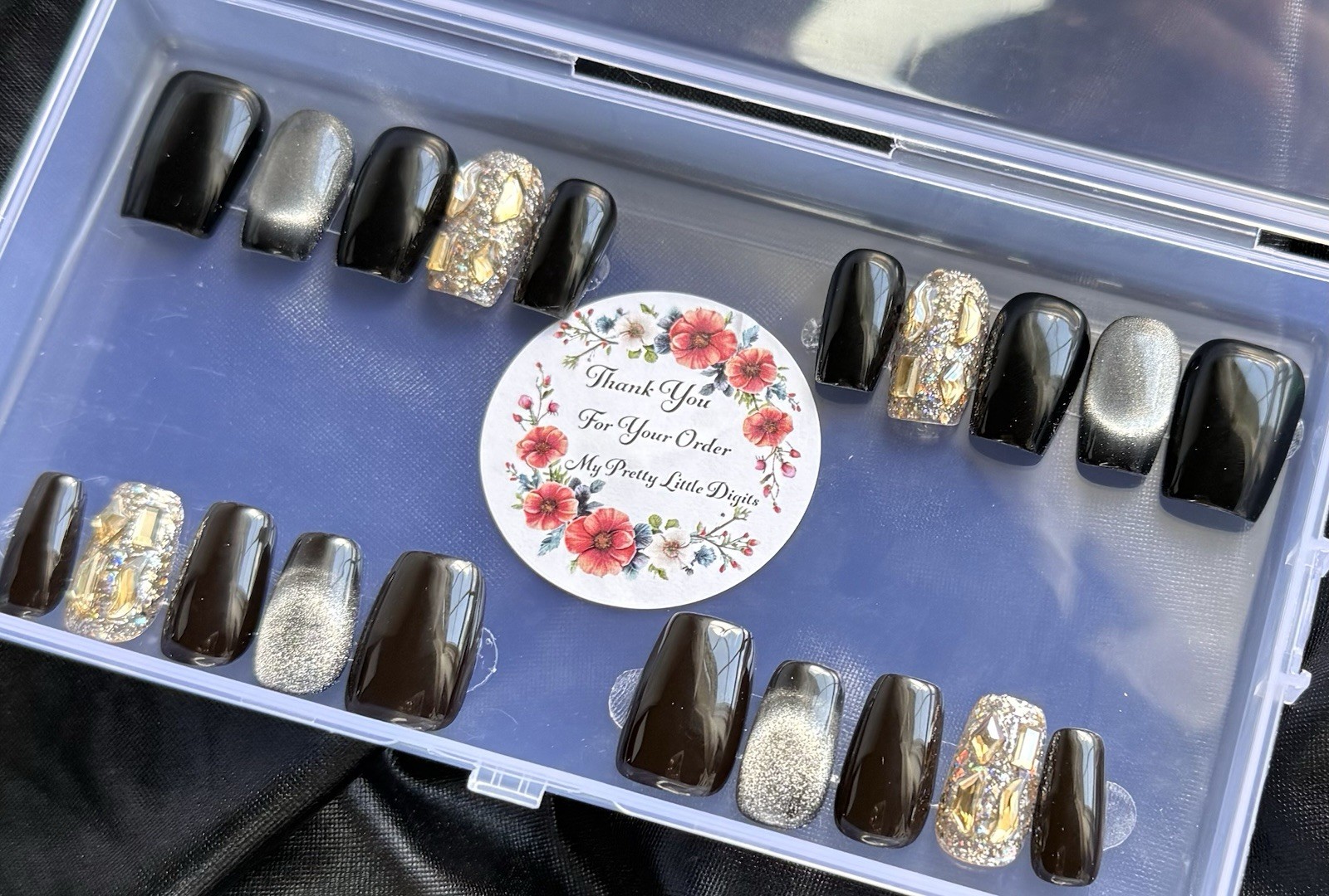 Handmade Press On Nails, Champagne Diamond, Black French~Includes Free Gifts💝