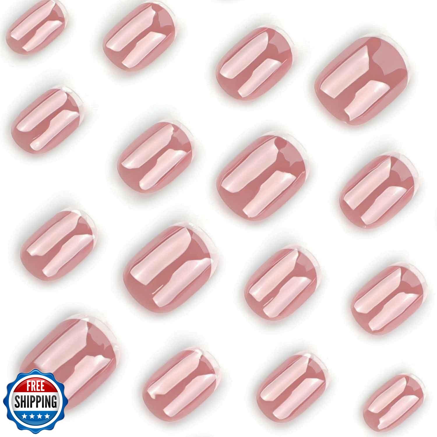 Chrome French Tip Press on Nails Extra Short Square Shaped Fake Nails Glossy