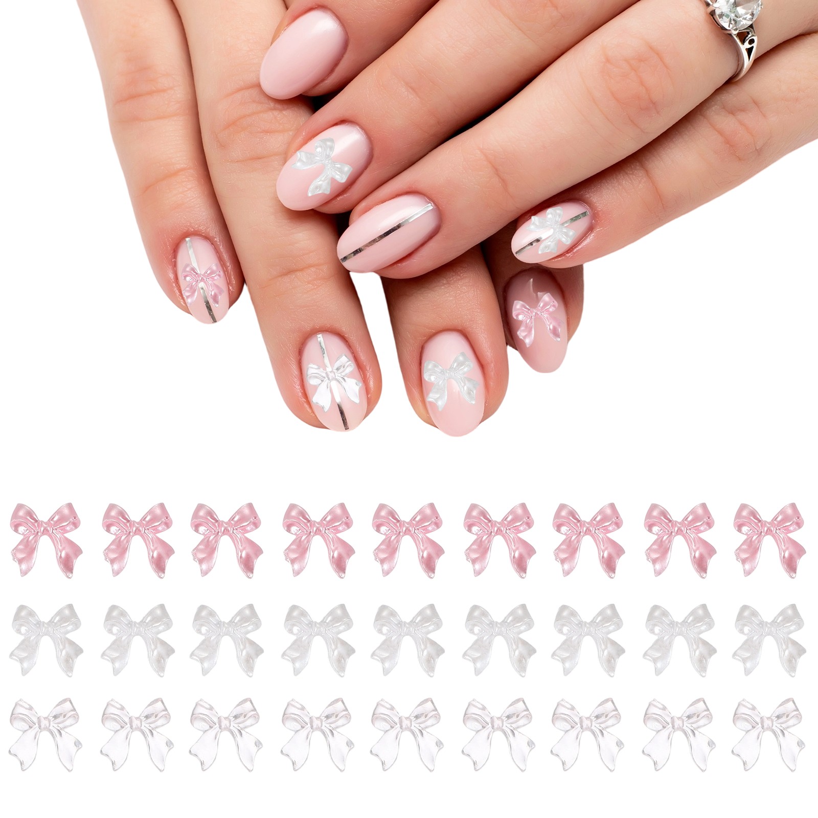 Nail Bows 3D Flowers for Nails for DIY Manicure 60Pcs White/Pink/Sheer Pink Set