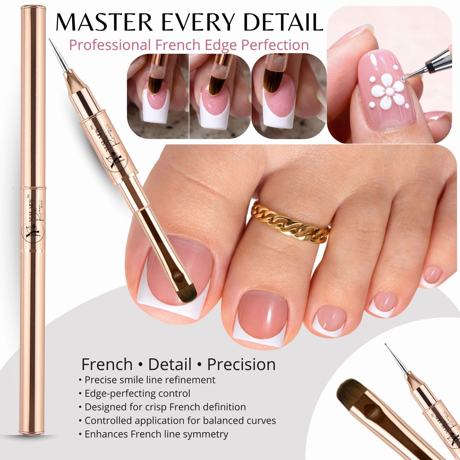 Double Ended Nail Builder Gel Brush Set, French Tip & Cleaning Brushes for Nails