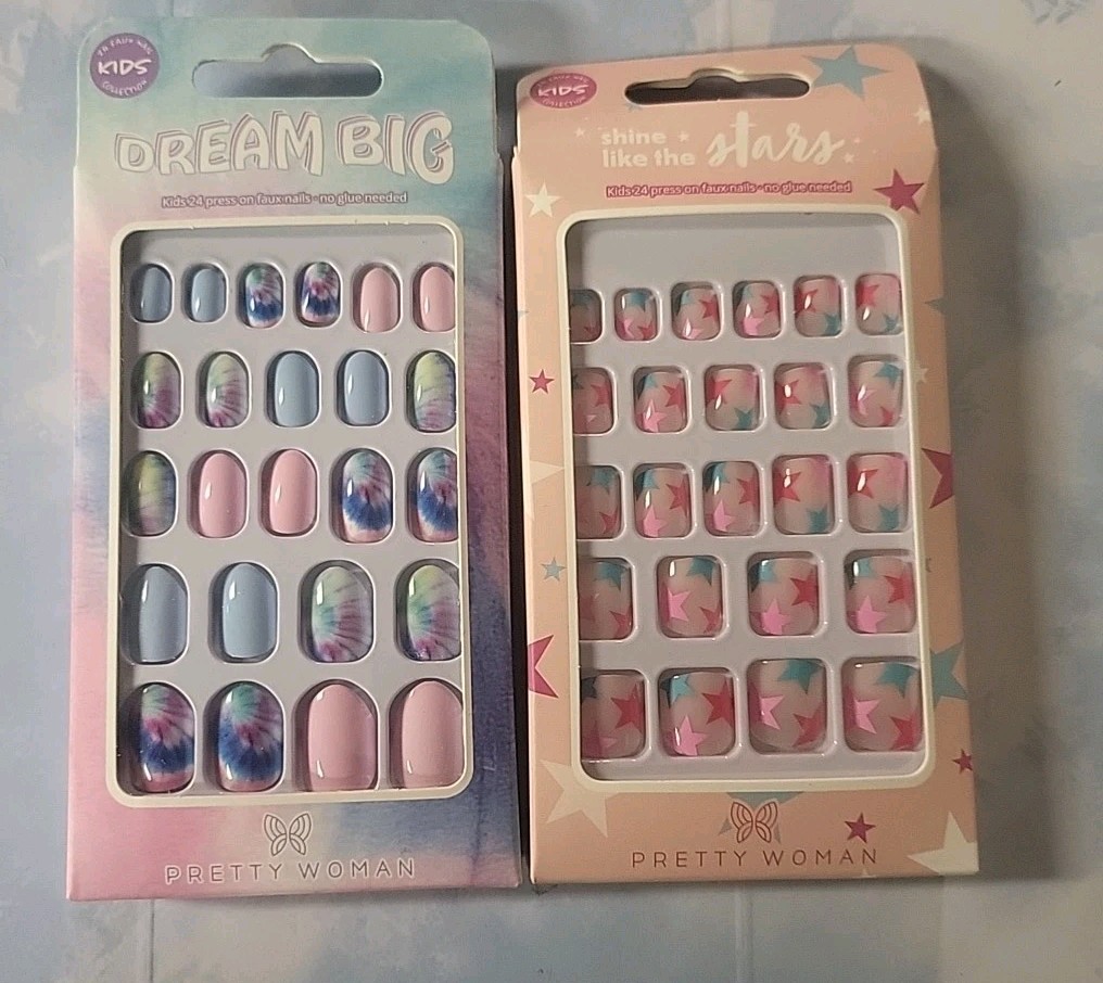 (2) Pretty Woman Kids Press On Nails Short Length Tie Dye And Stars