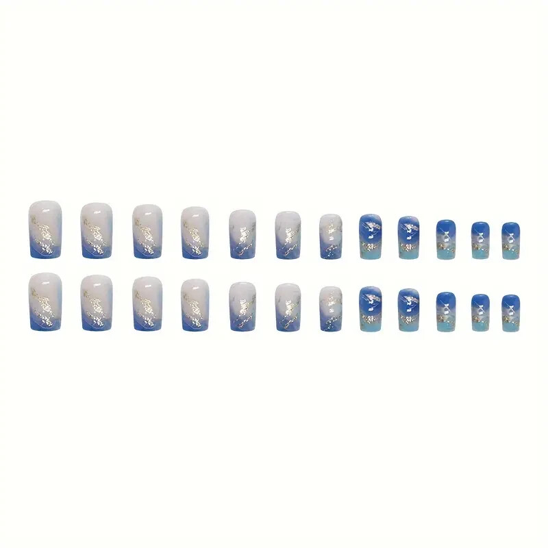 48 Pcs 2 Boxes Short Blue Gradient Press-On Nails Gold Metallic Marble Waves NIB