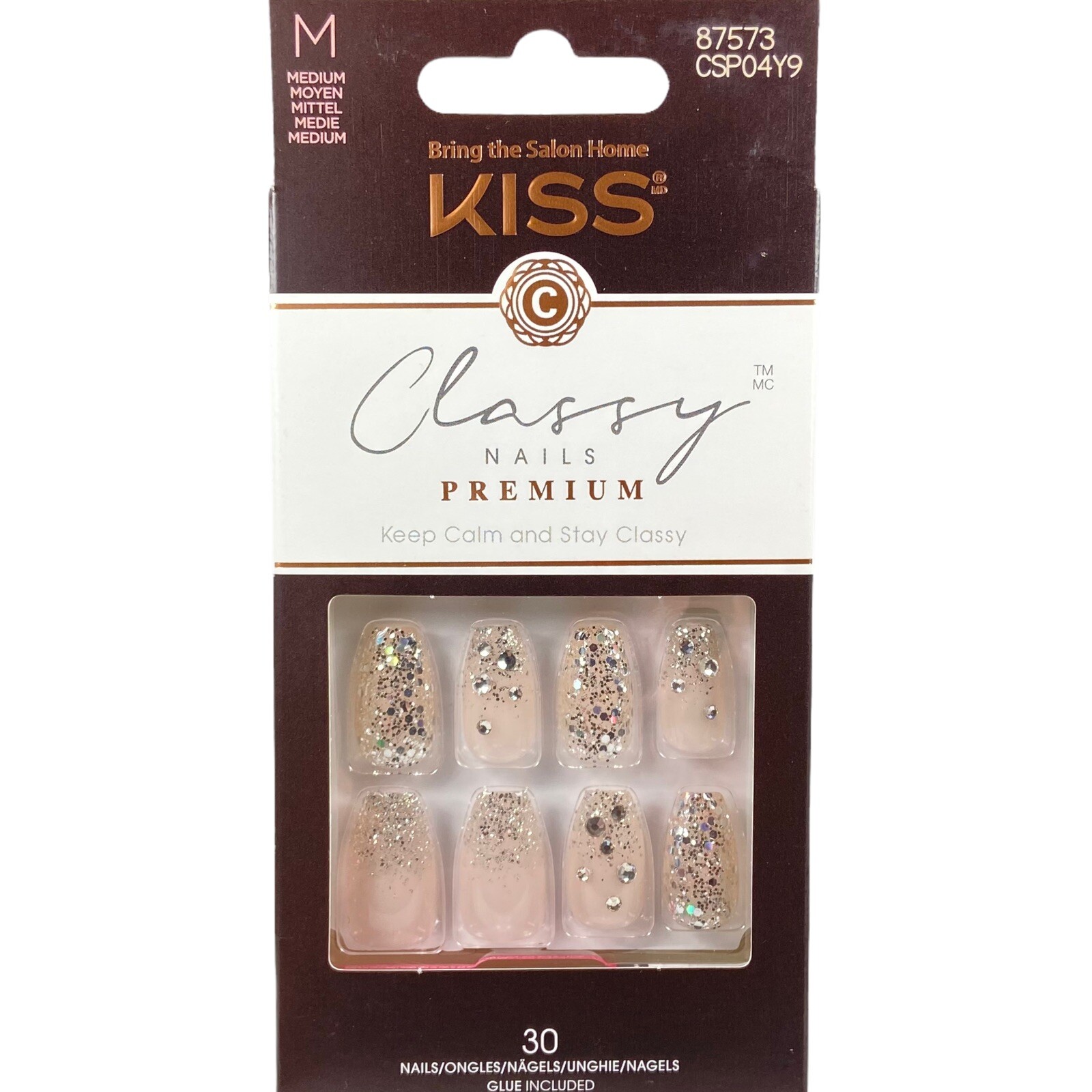 NEW Kiss Nails Classy Premium Glue Manicure Medium Coffin Silver Glitter Gems