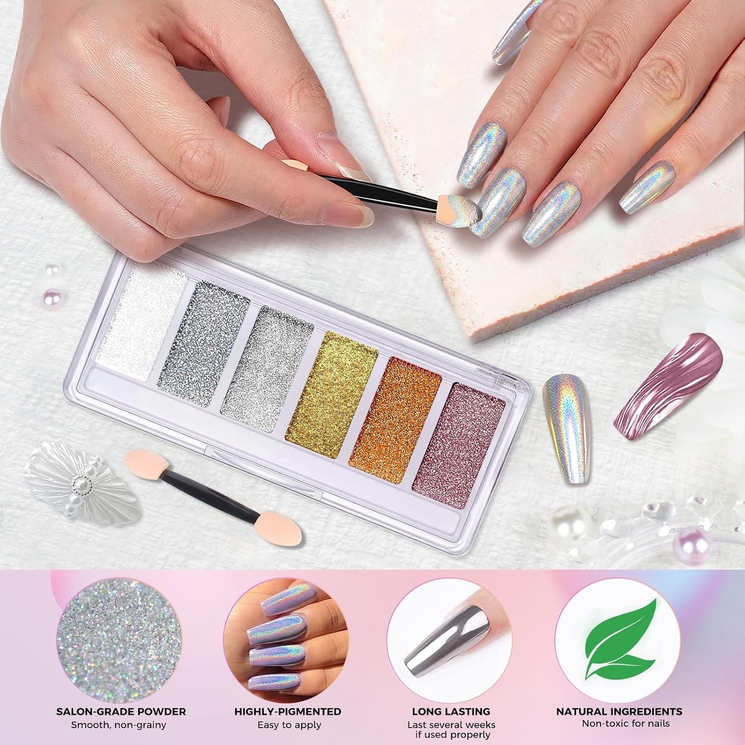 Chrome Nail Powder Palette – Iridescent Holographic Shine & Style